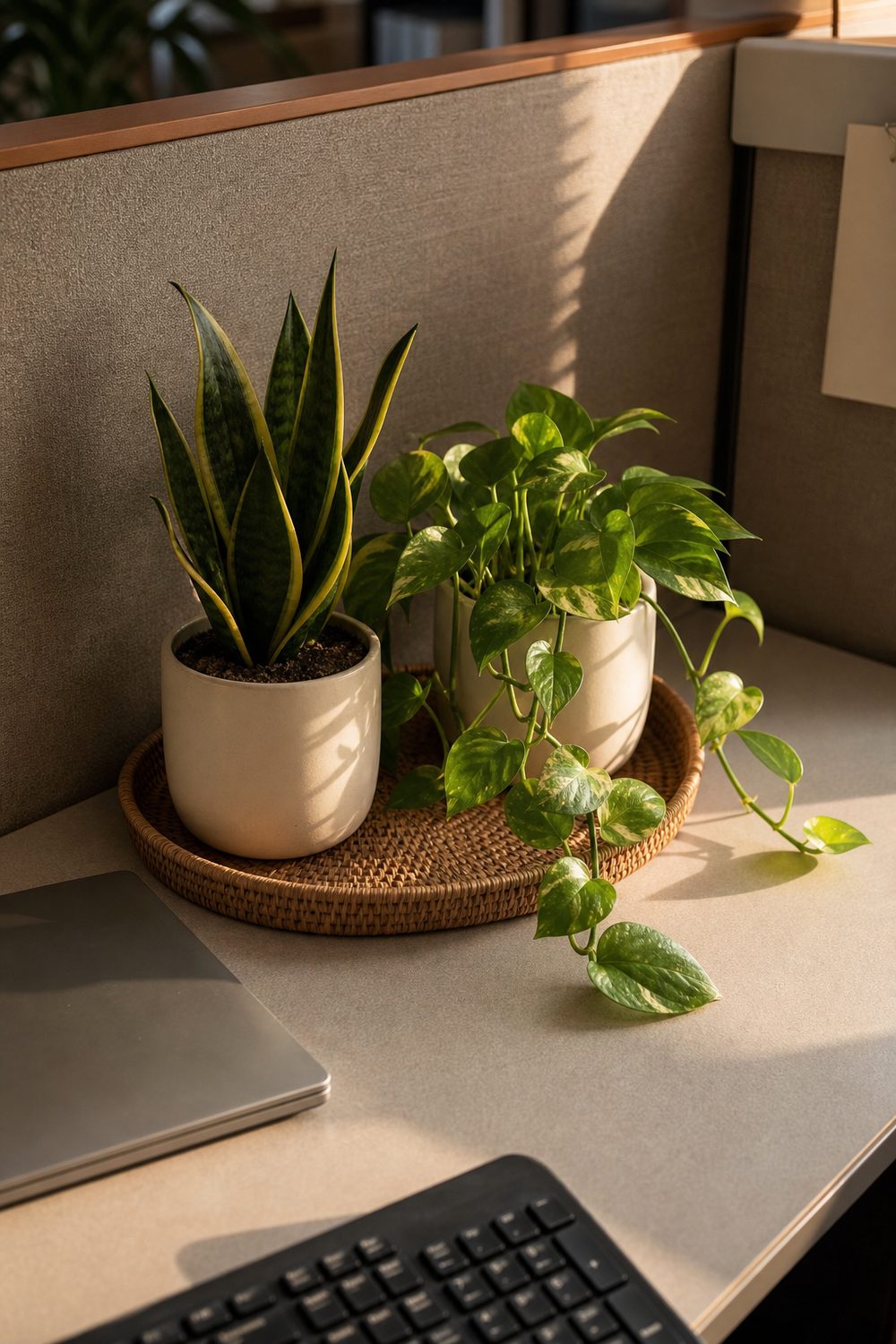Small snake plant and trailing pothos in cream ceramic pots on a woven tray beside a keyboard on a cubicle desk
