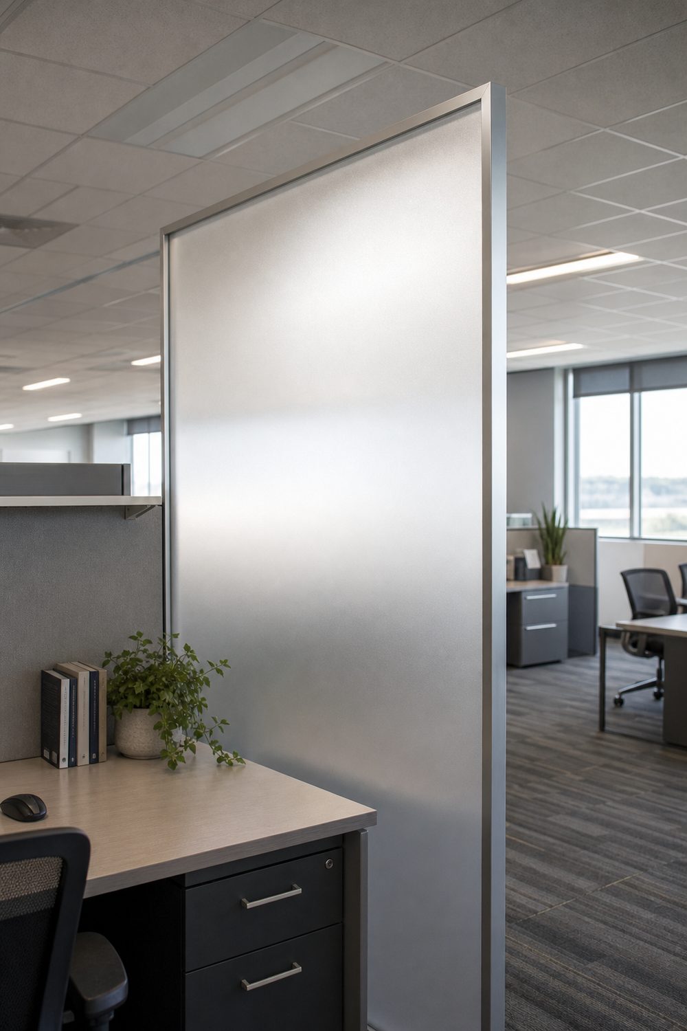 Frosted acrylic privacy panel about 55 inches tall on the side of a cubicle separating a tidy desk from a busy office beyond