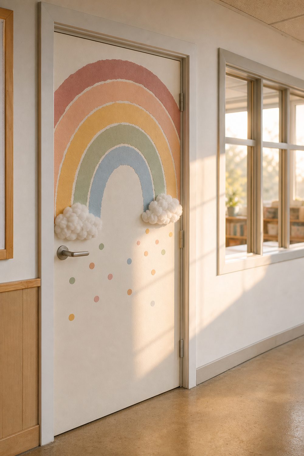 Classroom door with muted watercolor rainbow arcs in dusty rose peach and sage, cotton cloud accents, and pastel confetti dots