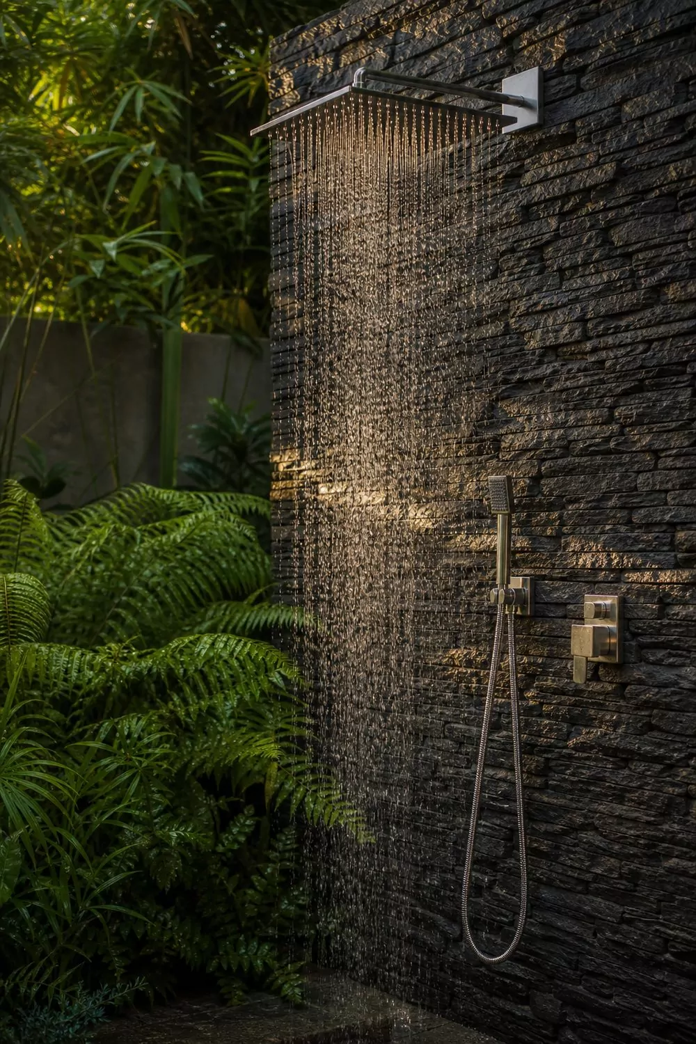 Rainfall garden outdoor shower with a wide square head on a sealed stone wall spilling water among ferns, soft warm ambient light