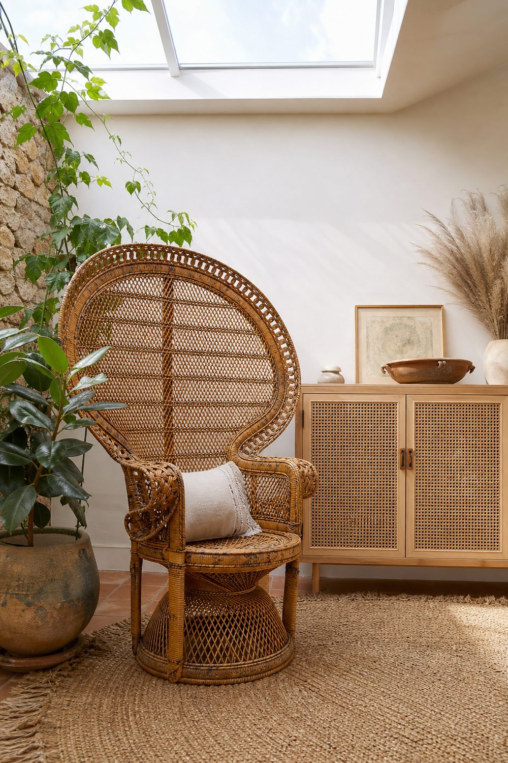 Rattan peacock chair and cane-front sideboard in a bright skylit bohemian sunroom with a jute rug