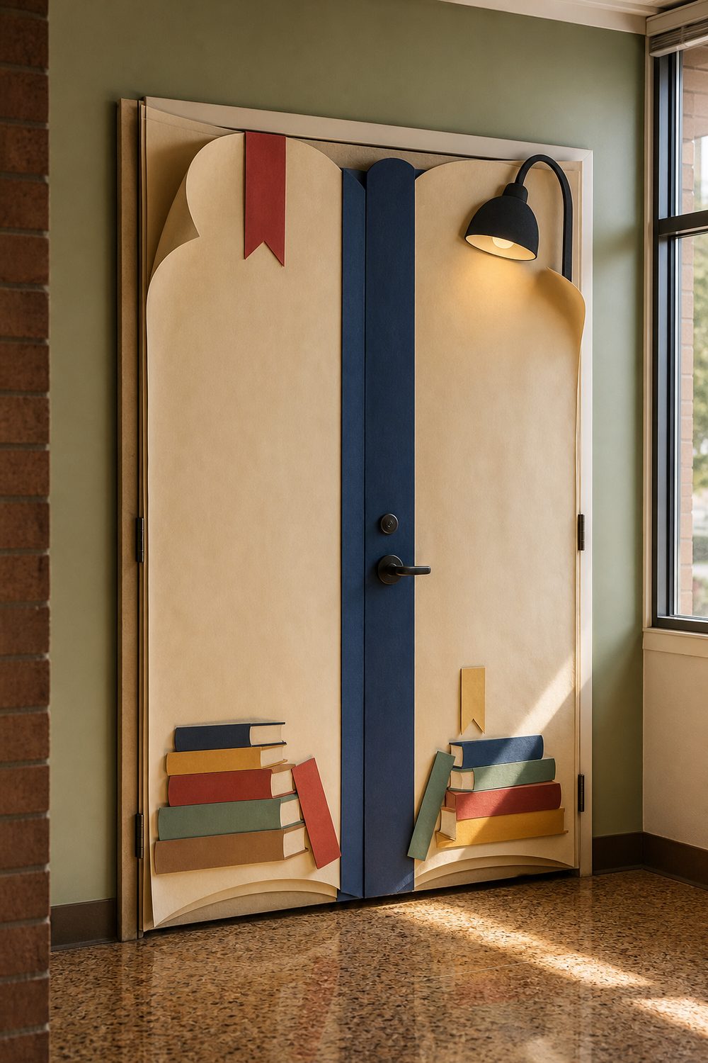 Classroom door styled as giant open storybook with cream paper pages, navy spine, and colorful paper book stacks along the bottom