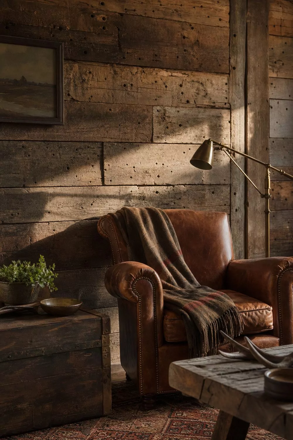 Reclaimed barnwood accent wall of weathered mixed-tone planks behind a cognac leather armchair in a cozy den