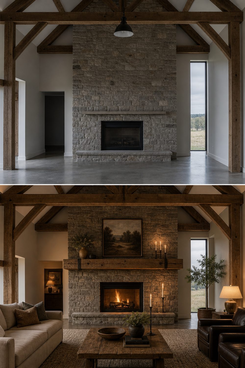 Before and after of a reclaimed wood beam mantel cantilevered into a stone fireplace