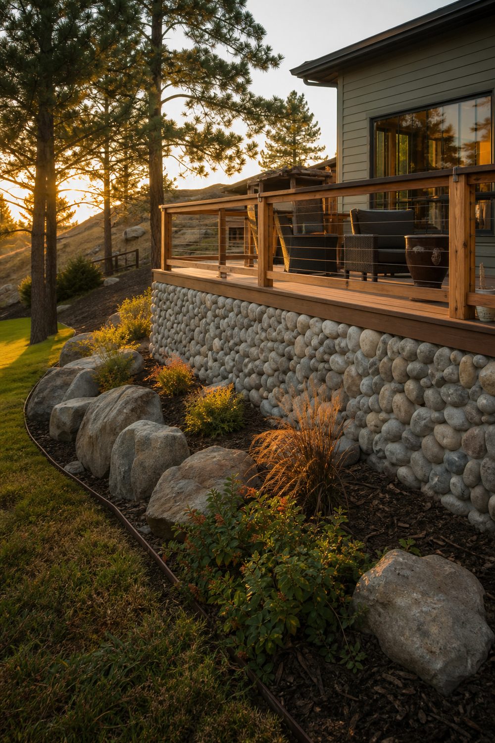 River Rock Landscaped Deck Base on a raised backyard deck, large smooth river rock, golden hour light from the west