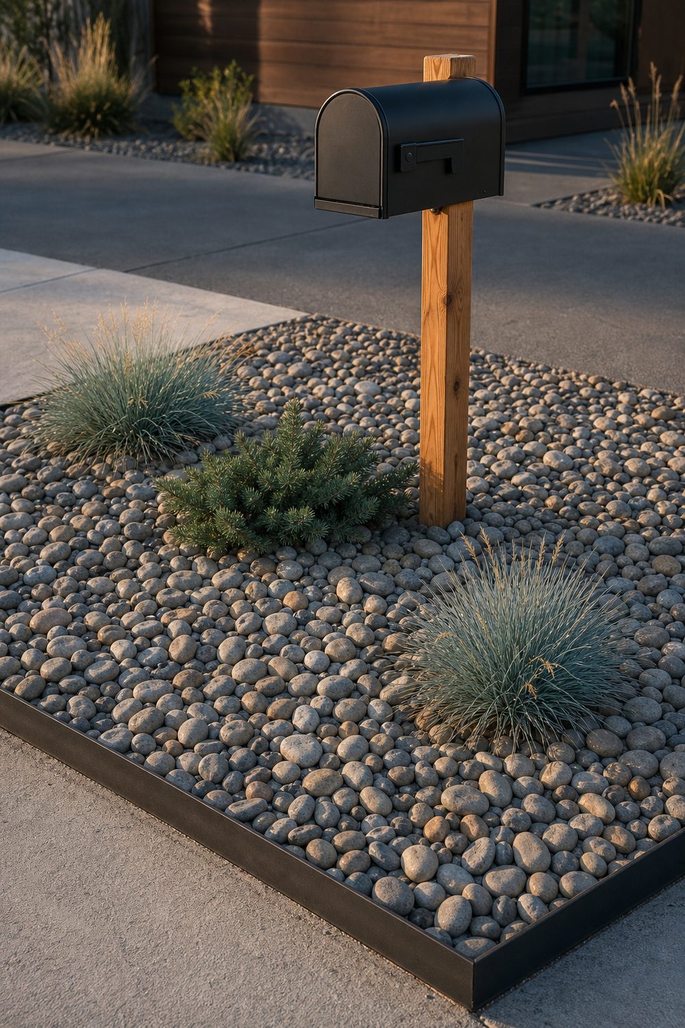 River rock landscaping bed around a cedar mailbox post with smooth gray stones and low ornamental grasses