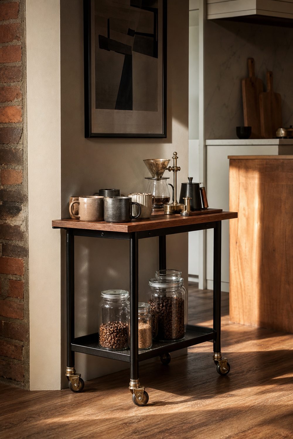Two-tier rolling coffee cart bar with a black metal frame, butcher block top, mugs, and glass bean jars