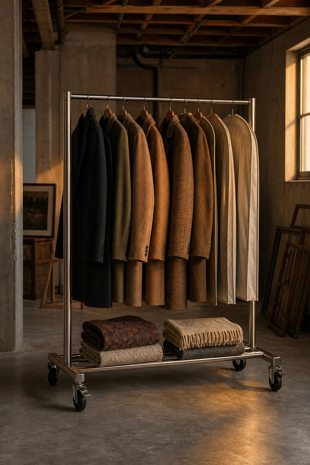 Brushed steel rolling wardrobe rack in a basement hung with coats and garment bags over folded blankets on locking casters