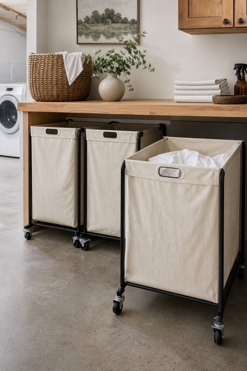 Three canvas laundry sorter bins on black casters tucked beneath a wood folding counter in a basement laundry room