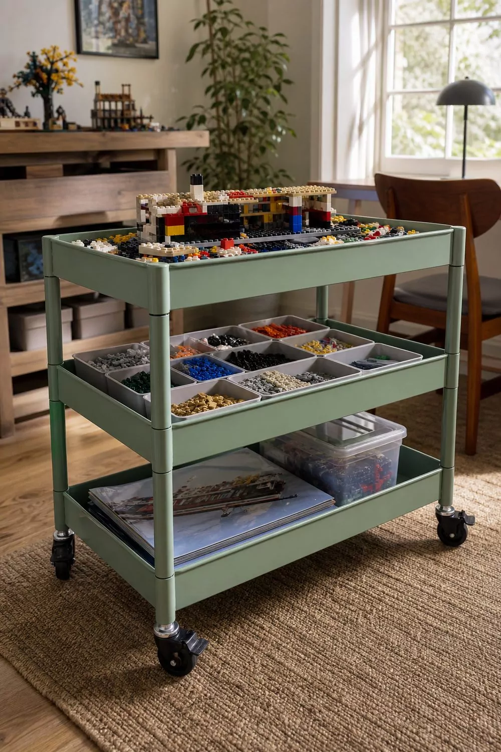 Three-tier metal rolling utility cart on locking casters holding sorting trays, a build in progress and instruction books of building bricks