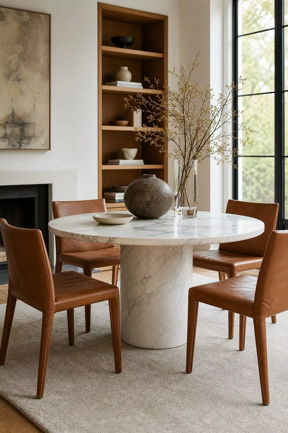 Round white marble pedestal dining table with grey veining and tan leather chairs in a contemporary dining room