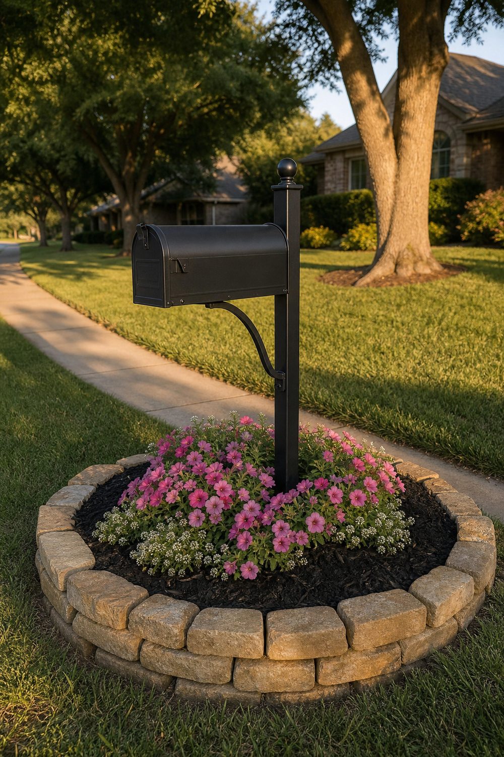 Round fieldstone border ringing a black mailbox post with pink petunias and dark mulch in a suburban front yard