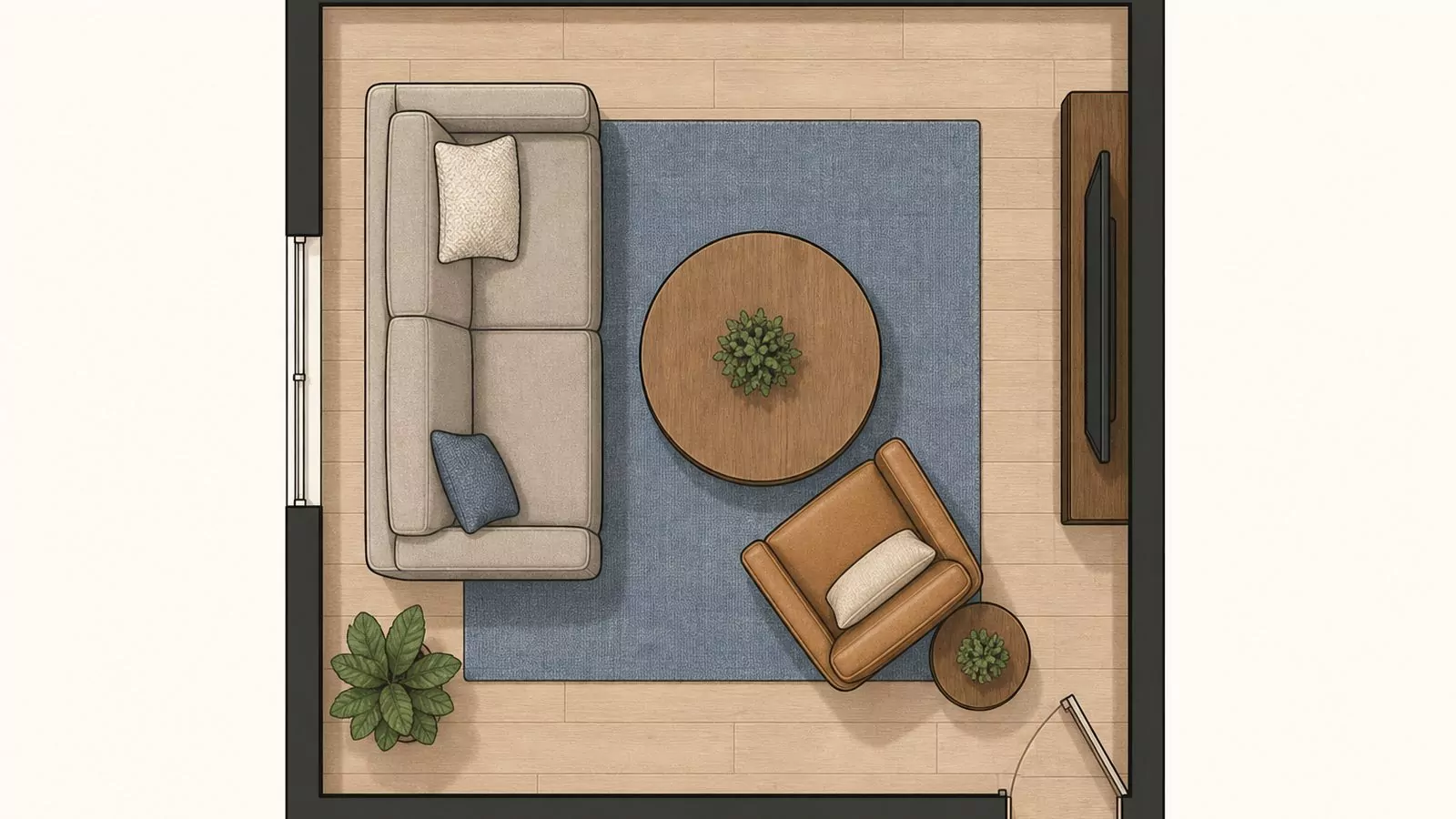 Top-down floor plan diagram of a small room with a round coffee table easing the tight turns around the seating