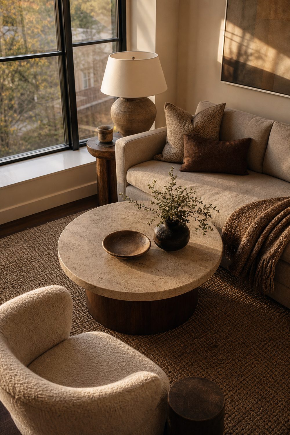 Round coffee table anchoring a cramped seating area with soft edges easing tight turns in an awkward living room layout