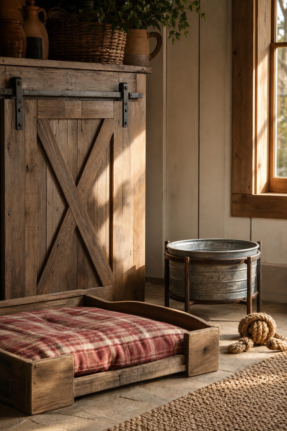 Rustic farmhouse dog room with a weathered barn wood cabinet, red plaid cushion, and galvanized bucket
