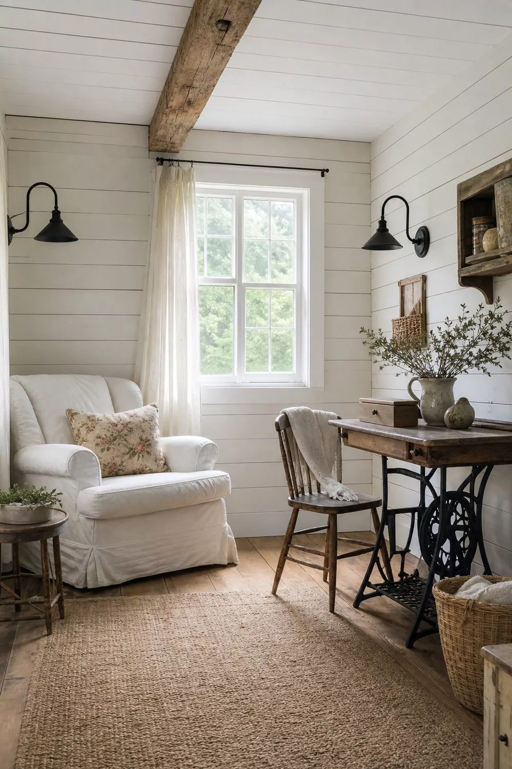 Rustic farmhouse she shed with white shiplap walls, a reclaimed wood beam, black iron sconces, and a slipcovered armchair