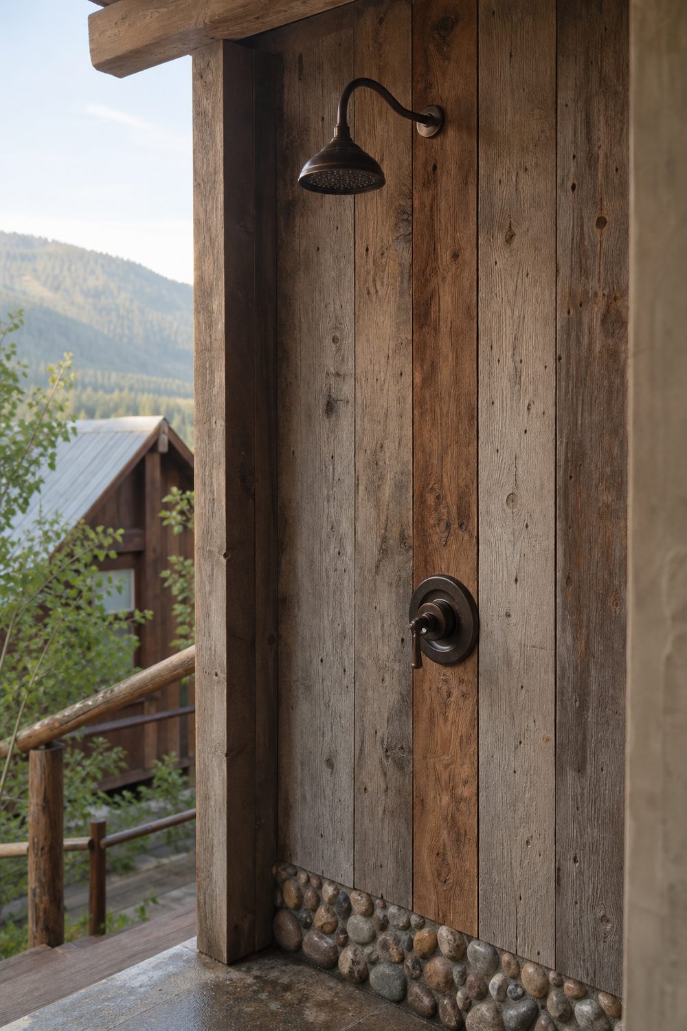 Rustic outdoor shower with a weathered reclaimed barn-wood wall and oil-rubbed bronze head at a mountain cabin, soft morning light