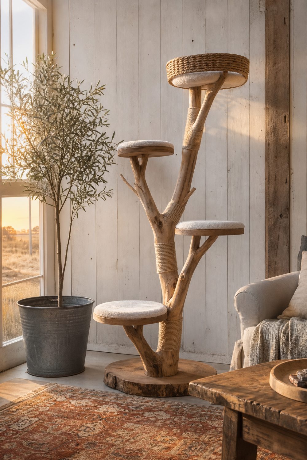Rustic cat tree tower made from a real sanded tree trunk with platform beds and sisal in a farmhouse living room