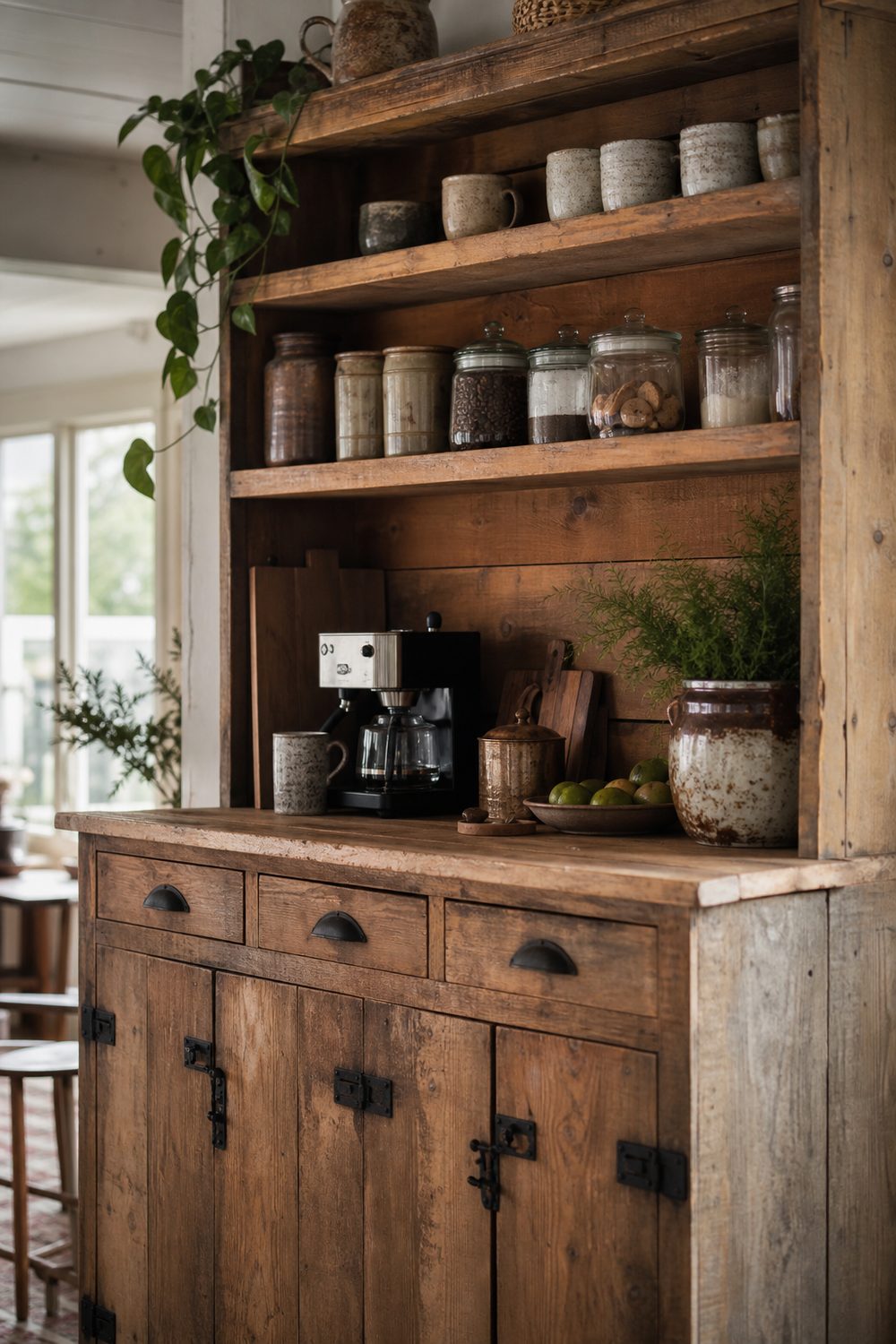 Rustic reclaimed pine coffee bar hutch in a farmhouse kitchen with stoneware mugs and glass jars