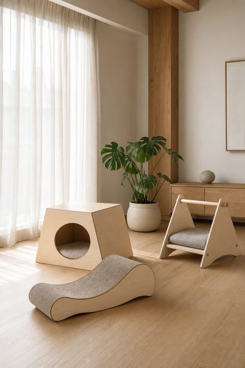 Scandinavian birch plywood cat furniture set with geometric cat house, curved scratcher and felt cushion bed