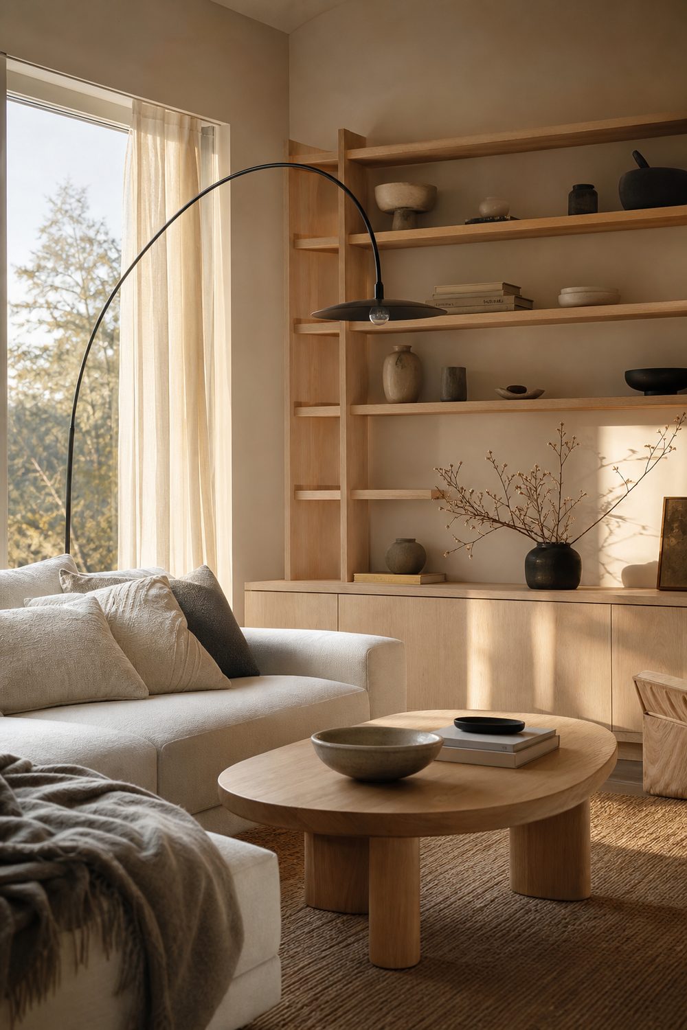 Scandinavian IKEA living room with light oak and ash wood furniture, off-white upholstery, and sparse black accents