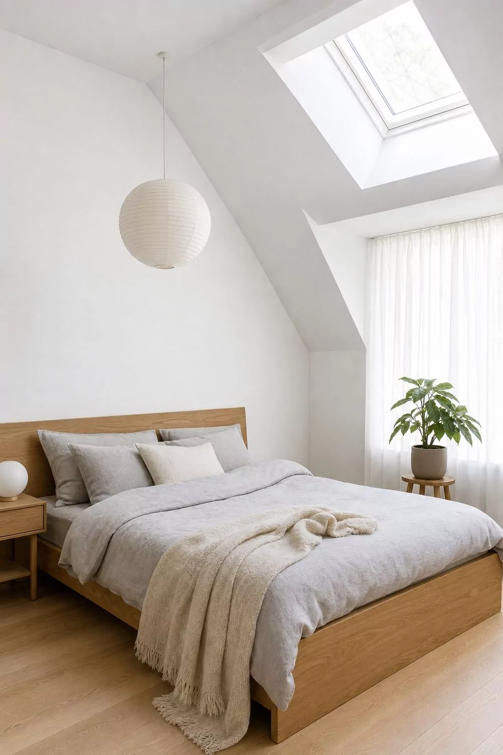 Scandinavian attic bedroom with crisp white sloped walls, light oak bed, grey and white bedding, paper pendant lamp and a skylight