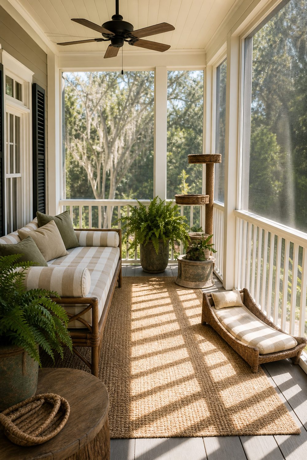Screened porch cat retreat with striped daybed cushions, sunny cat lounger and potted ferns