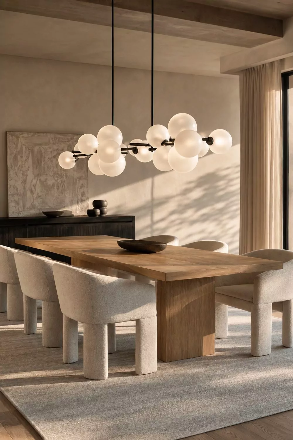 Sculptural frosted glass pendant hanging over a long white oak dining table with oatmeal linen chairs in a contemporary dining room