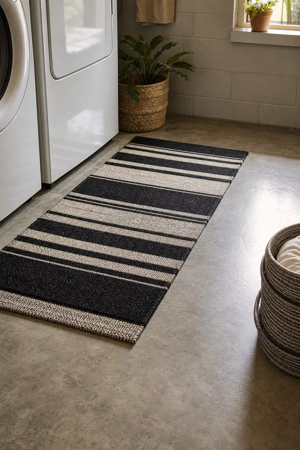 Sealed grey concrete basement floor with a black and cream striped flat weave runner rug in front of a white washer and dryer