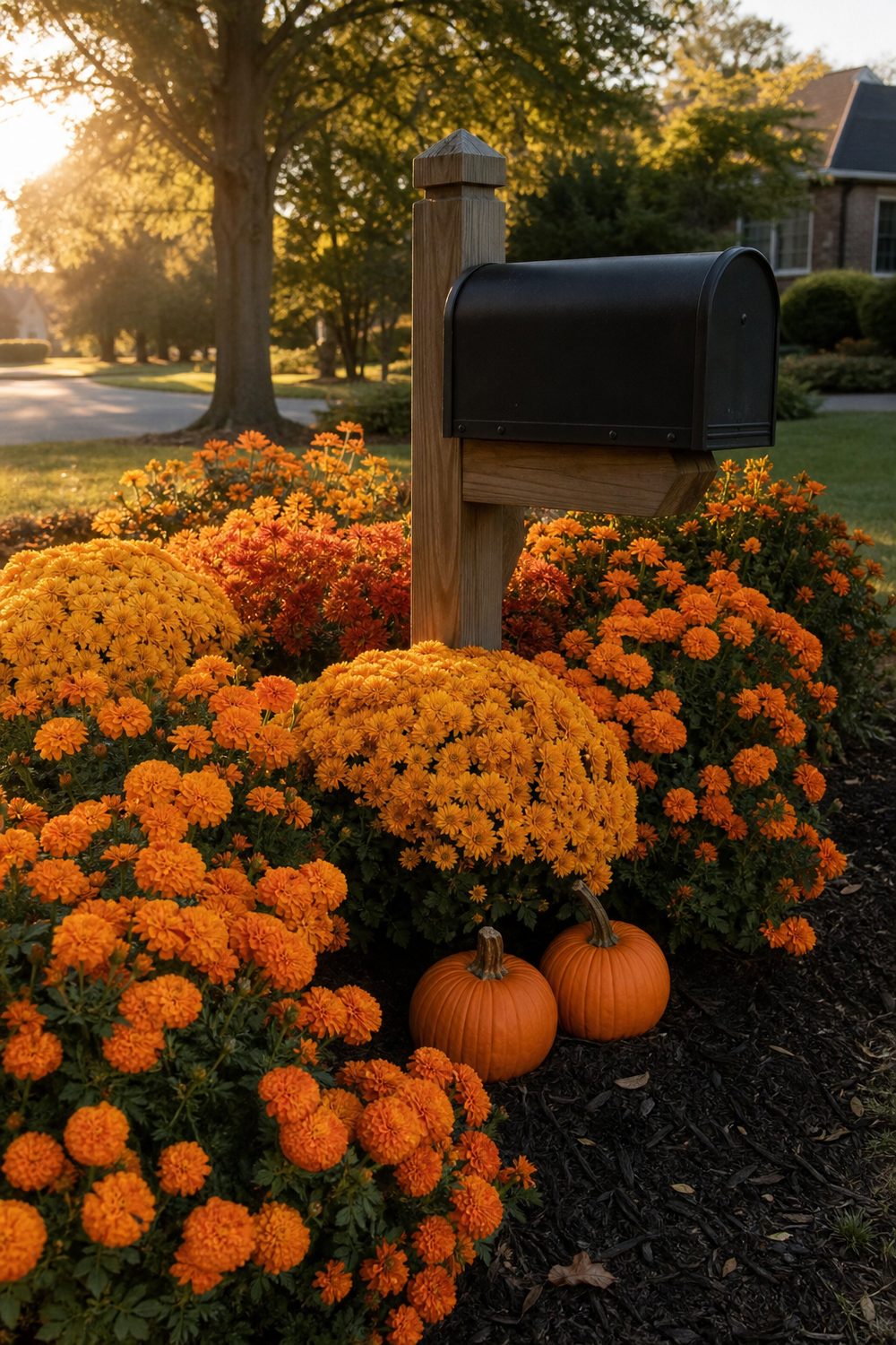 Seasonal annual color display around a mailbox post with orange marigolds and yellow chrysanthemums in fall