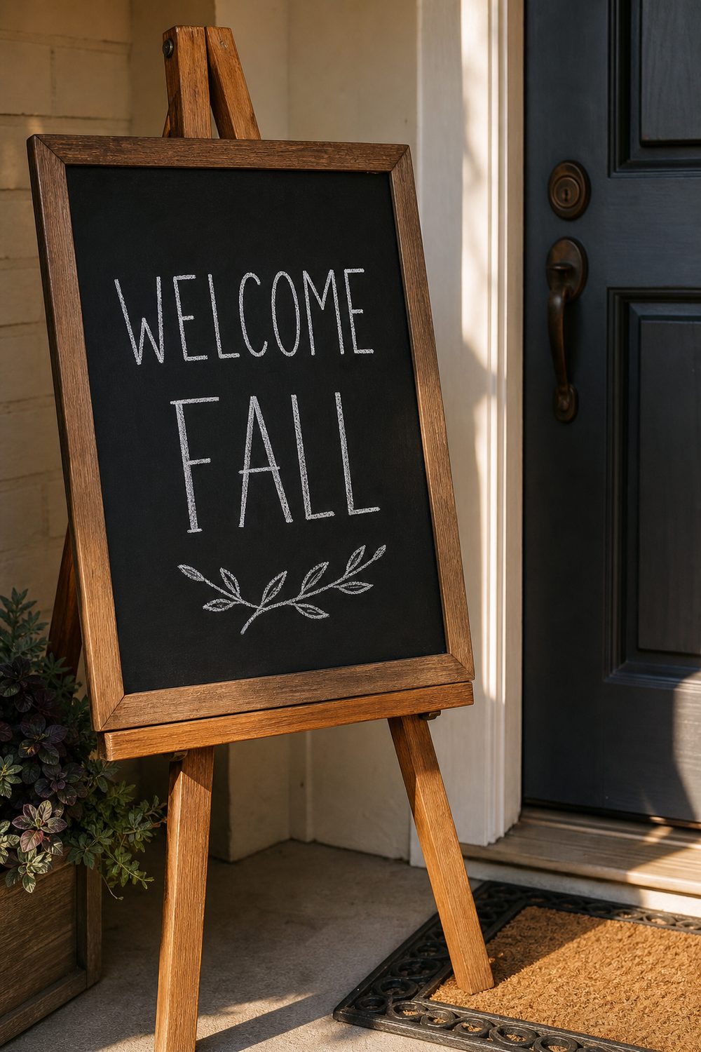 Framed chalkboard welcome sign with hand-lettered greeting on a wood easel beside a front door, warm afternoon light