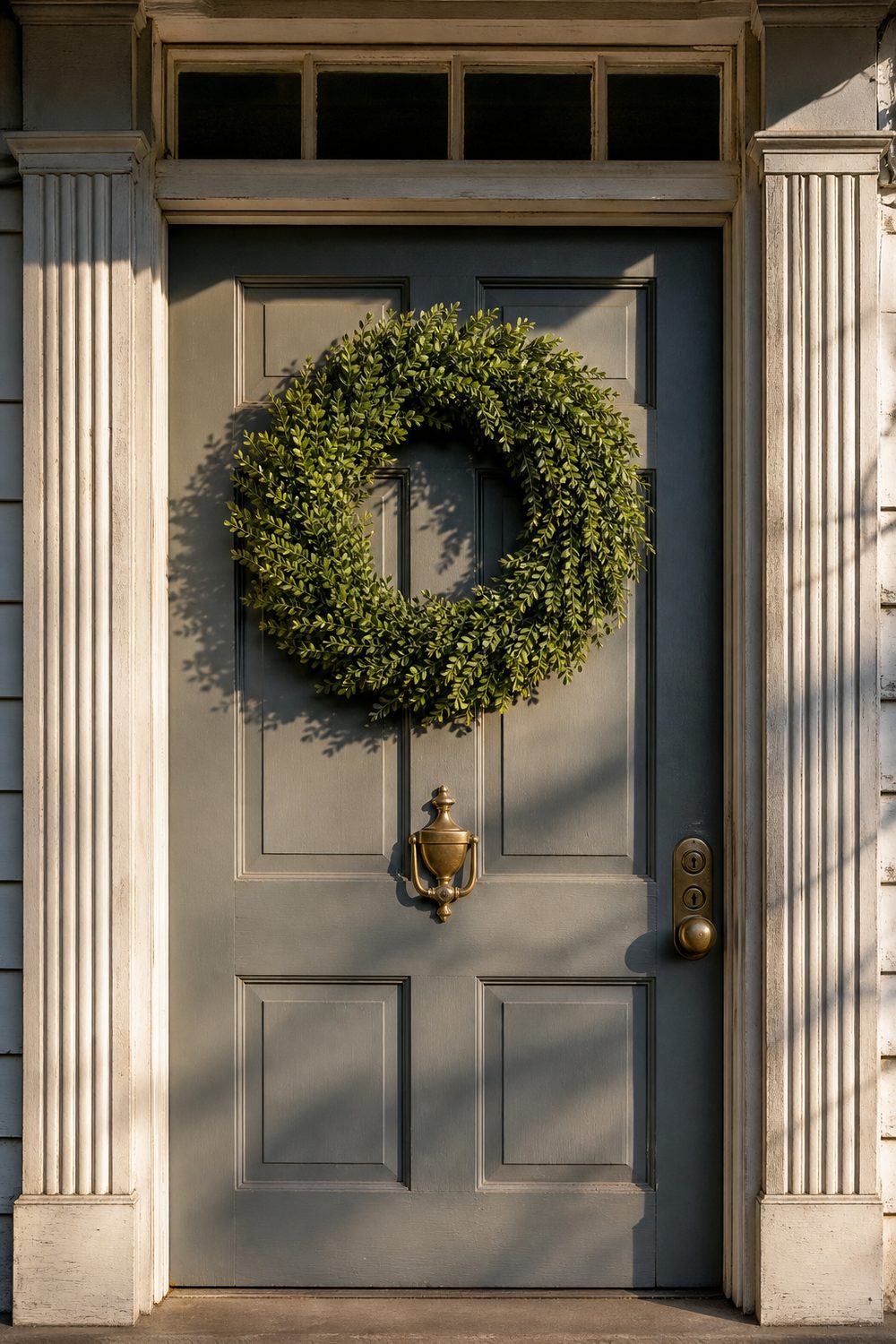 Preserved boxwood greenery wreath centered on a painted front door with aged brass knocker, warm afternoon light and soft shadows