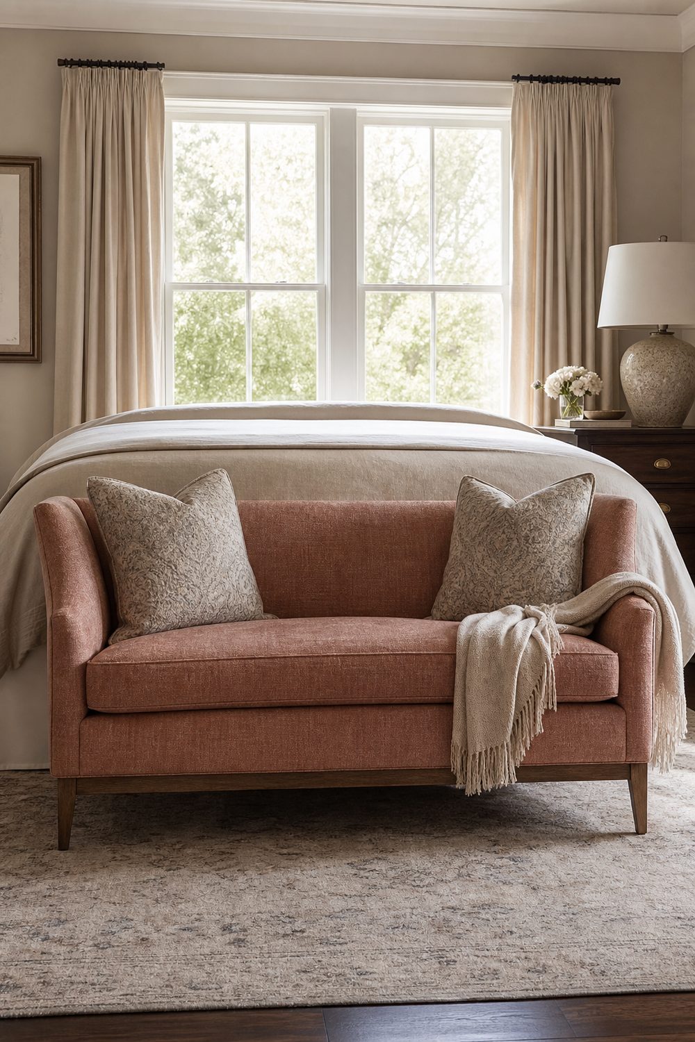 Small upright dusty-rose settee with slim tapered wood legs at the foot of a bed in a primary bedroom