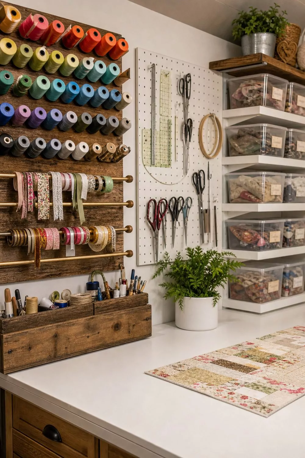 She shed craft room with a large worktable, colorful thread spools, labeled storage bins, and a white pegboard of tools