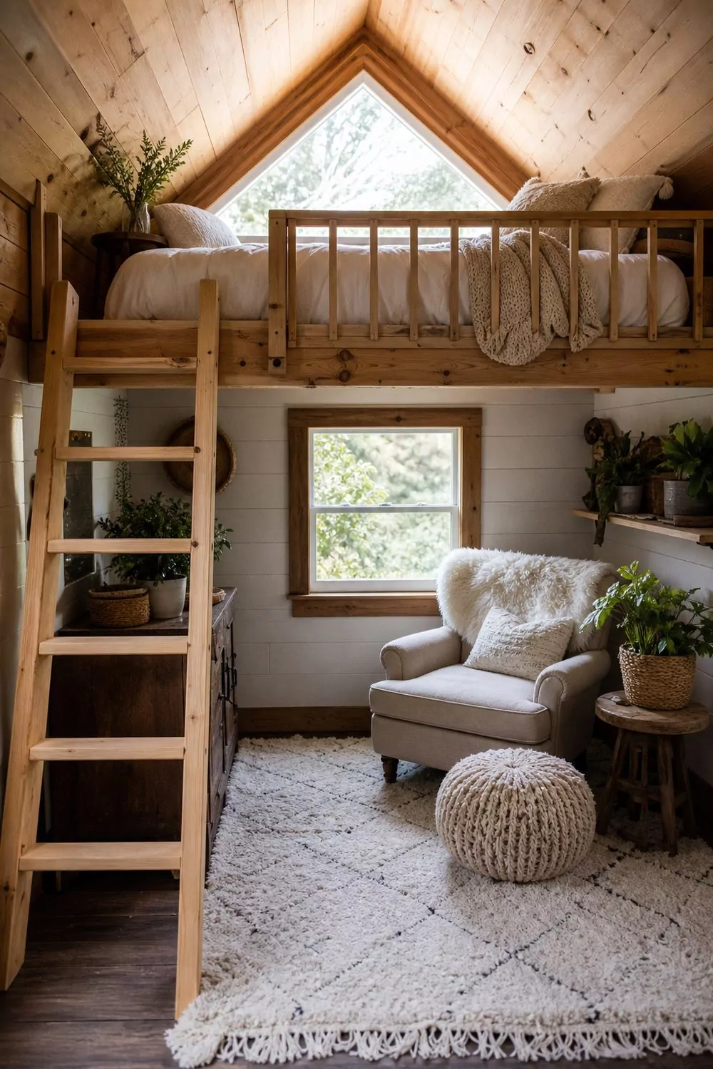 She shed with a pine sleeping loft reached by a ladder, soft white bedding above, and a cozy seating area with a chair below