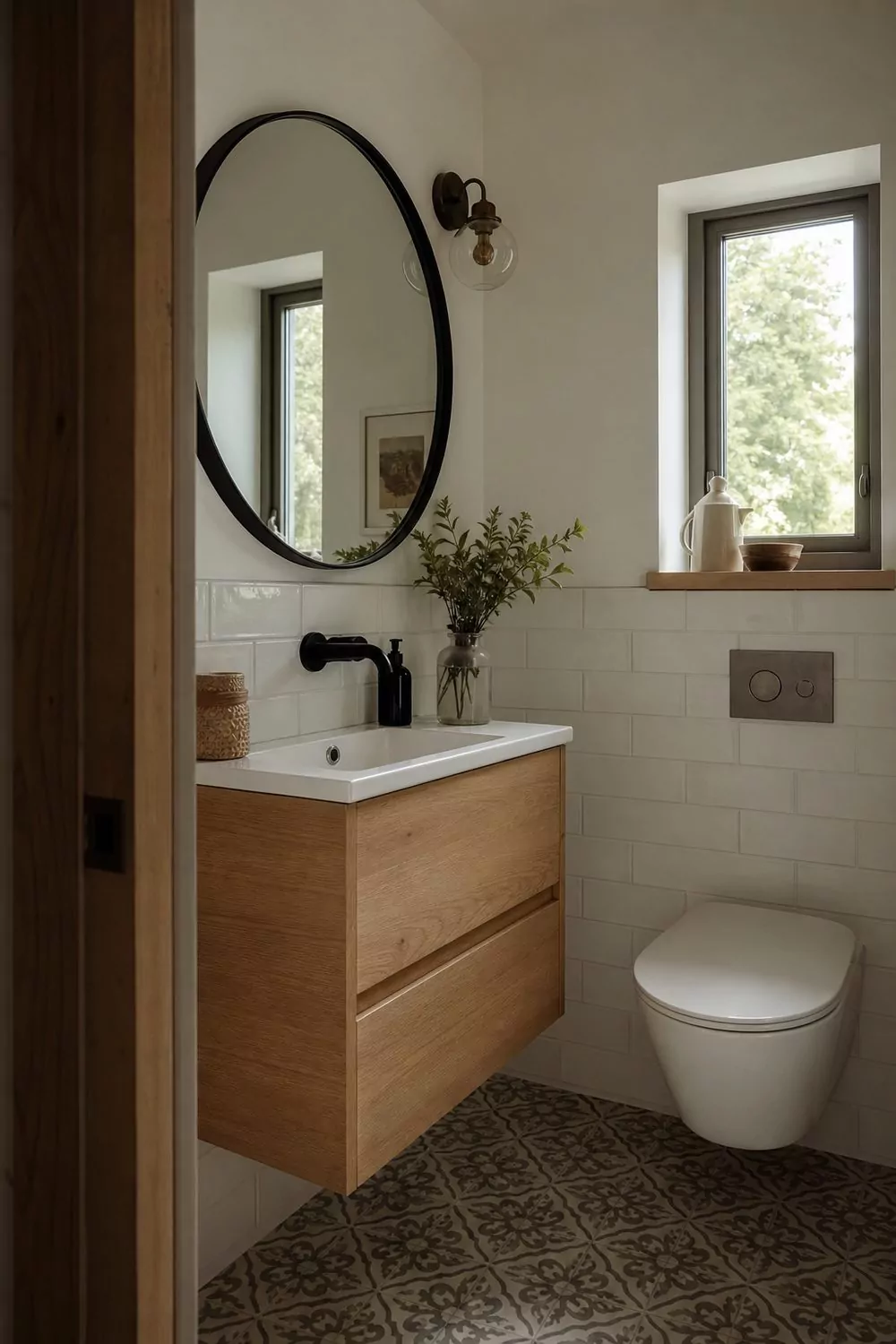Compact she shed bathroom with a light wood floating vanity, a round black mirror, a wall-hung toilet, and patterned encaustic floor tile