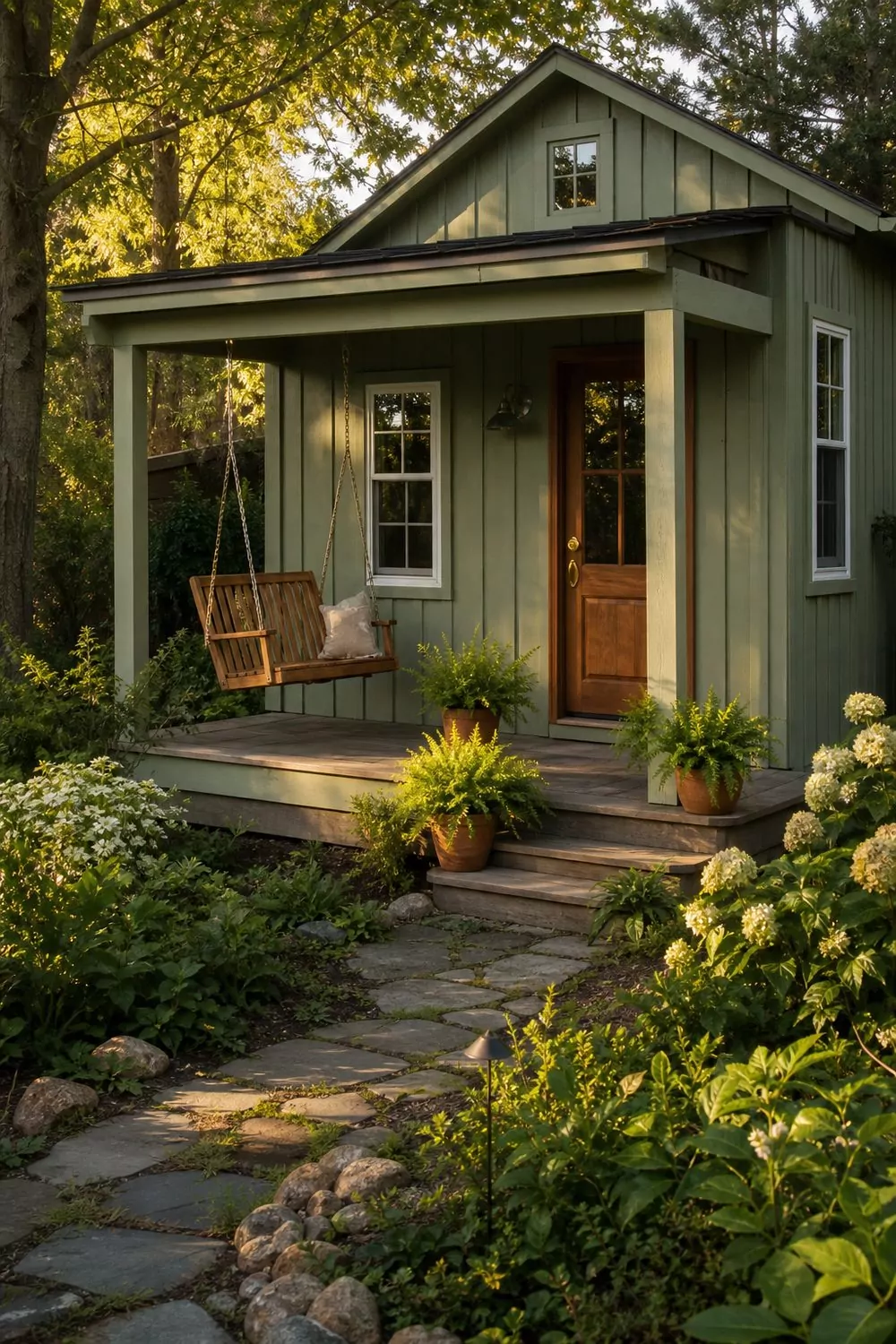 She shed exterior with a small covered front porch, a cedar porch swing, terracotta planters, and sage-green board-and-batten siding