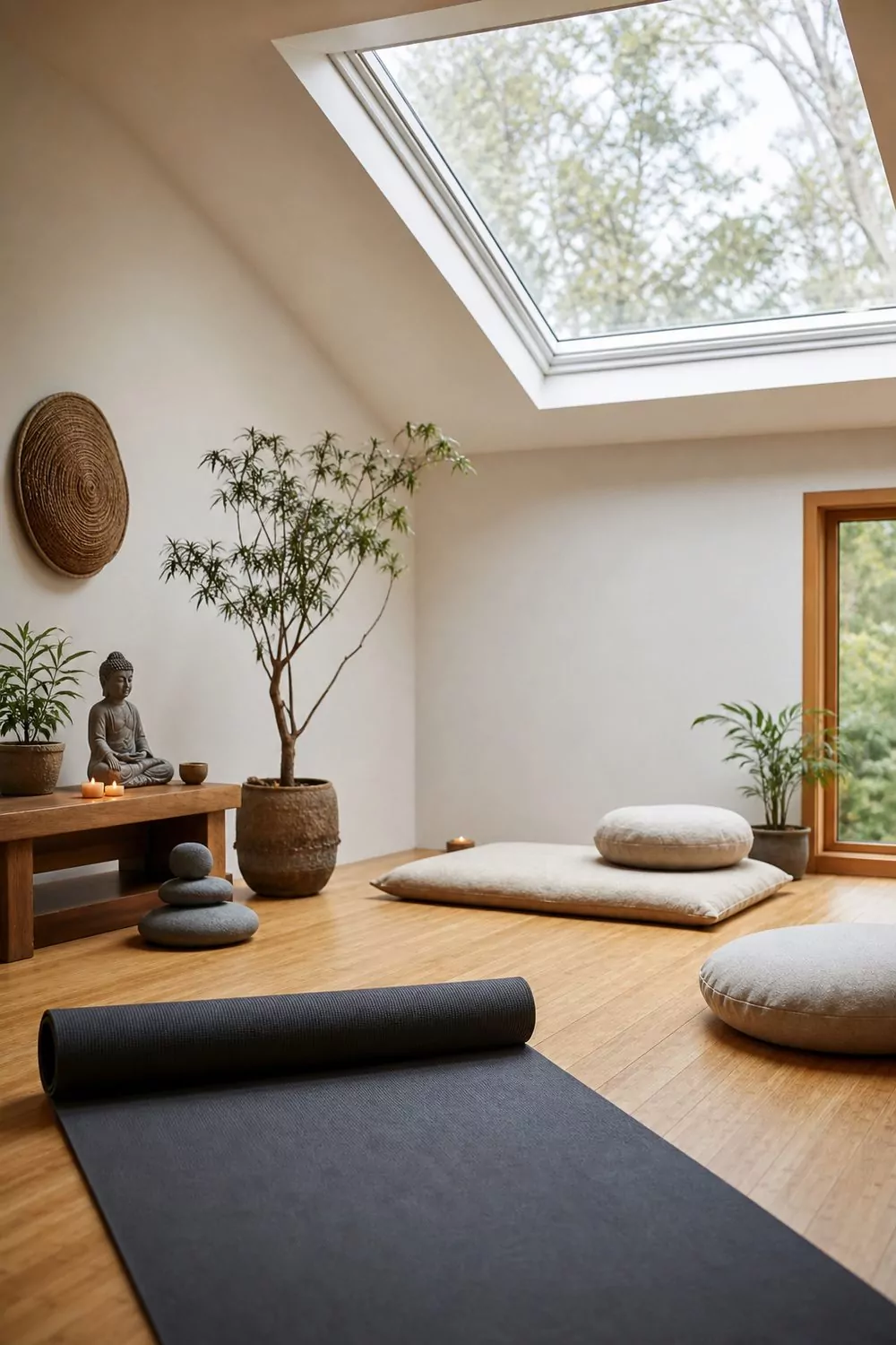 Serene she shed yoga and meditation studio with a rolled mat, cotton floor cushions, a low teak altar with candles, and potted plants