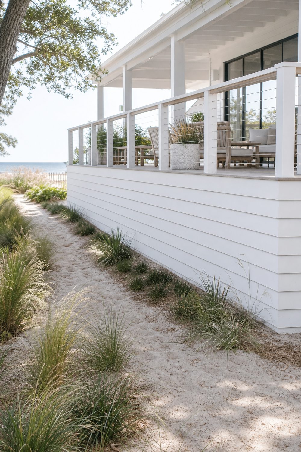 Shiplap Deck Skirting Boards on a raised backyard deck, soft white painted shiplap boards, bright midday diffused daylight
