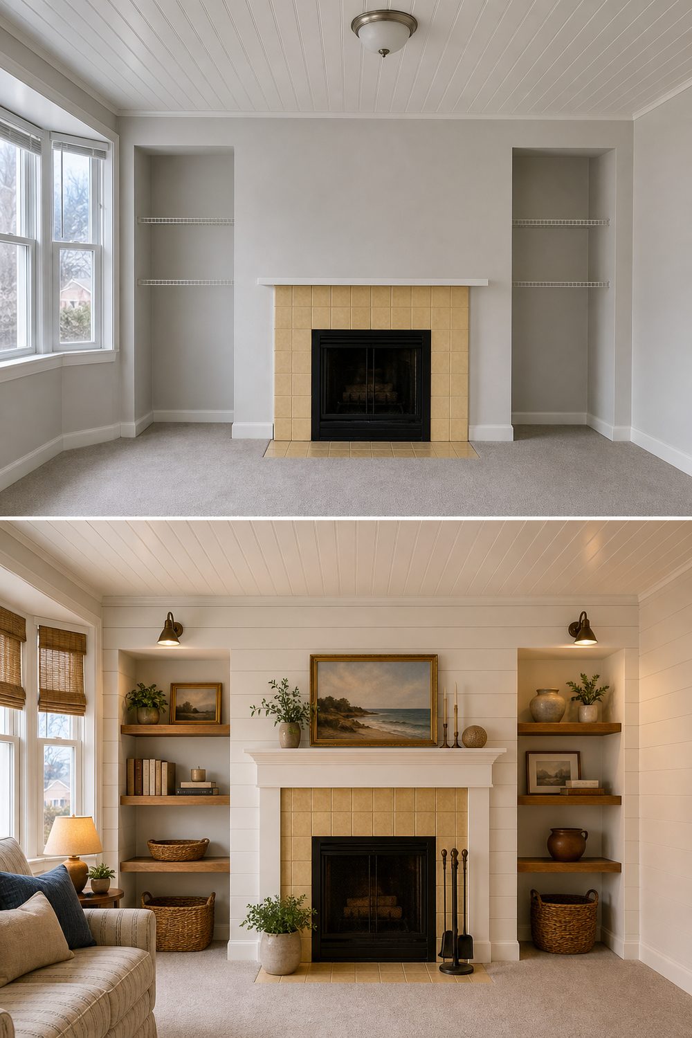 Before and after of a shiplap fireplace wall makeover with horizontal white boards