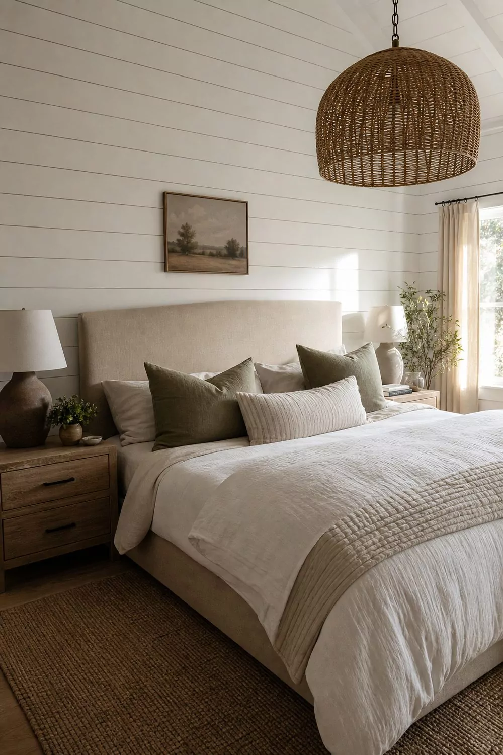 White horizontal shiplap accent wall behind an upholstered flax linen bed in a farmhouse bedroom