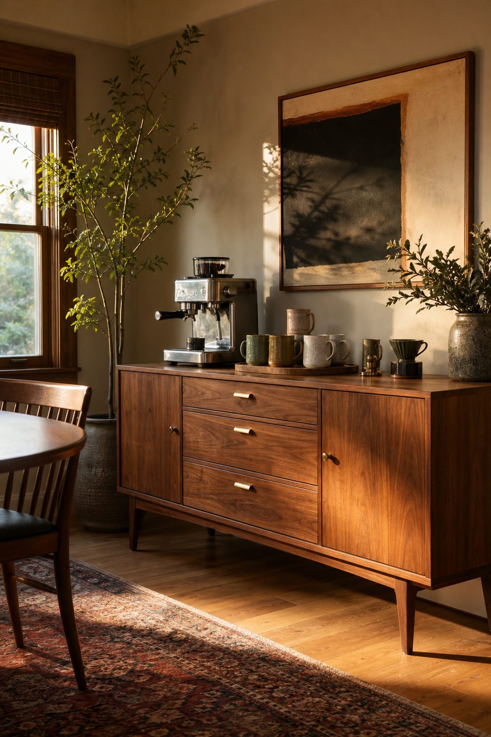 Mid-century walnut sideboard buffet coffee bar with tapered legs, an espresso machine, and ceramic mugs