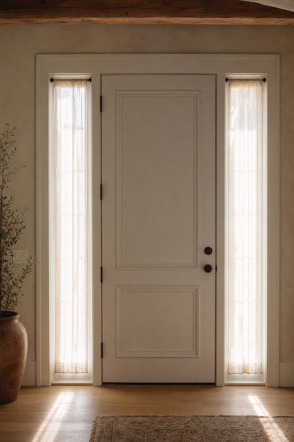 Front door with narrow glass sidelight panels dressed in light linen sheers glowing with soft backlit morning daylight