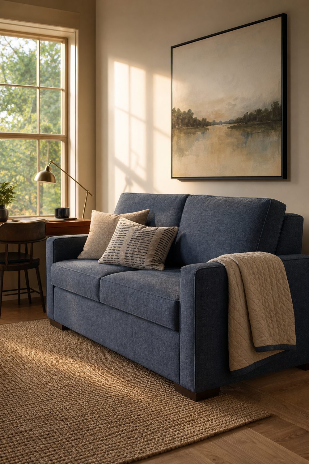 Slate blue sleeper sofa shown in upright sofa mode in a multipurpose guest room and home office