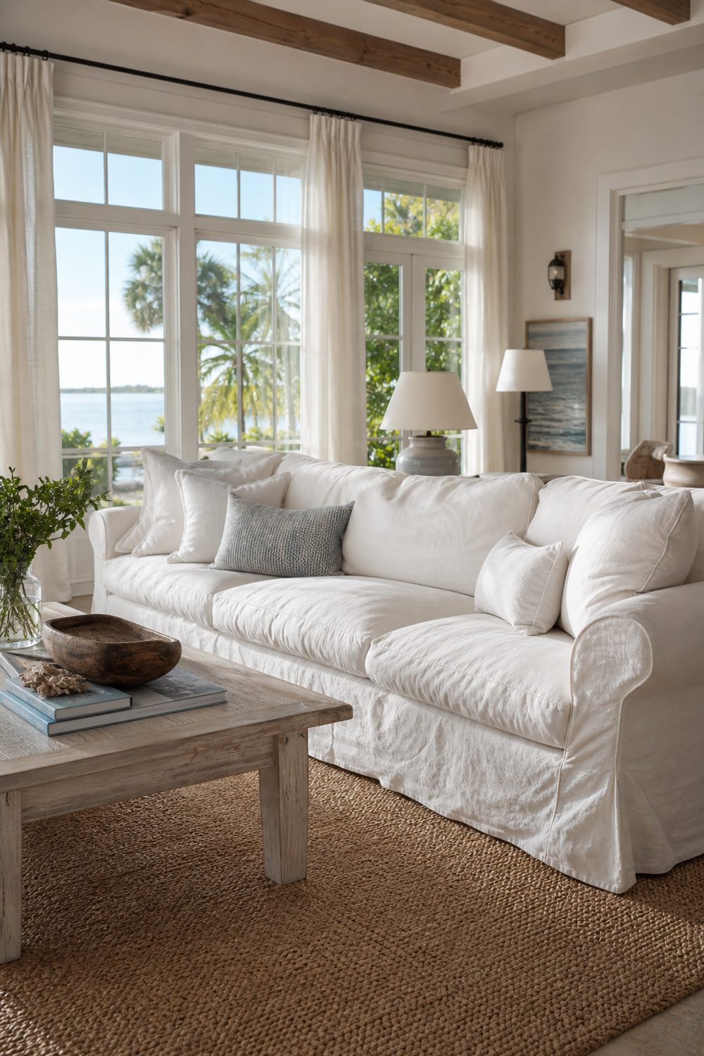 Soft white cotton slipcovered sofa with a lived-in wrinkled look in a breezy coastal family room
