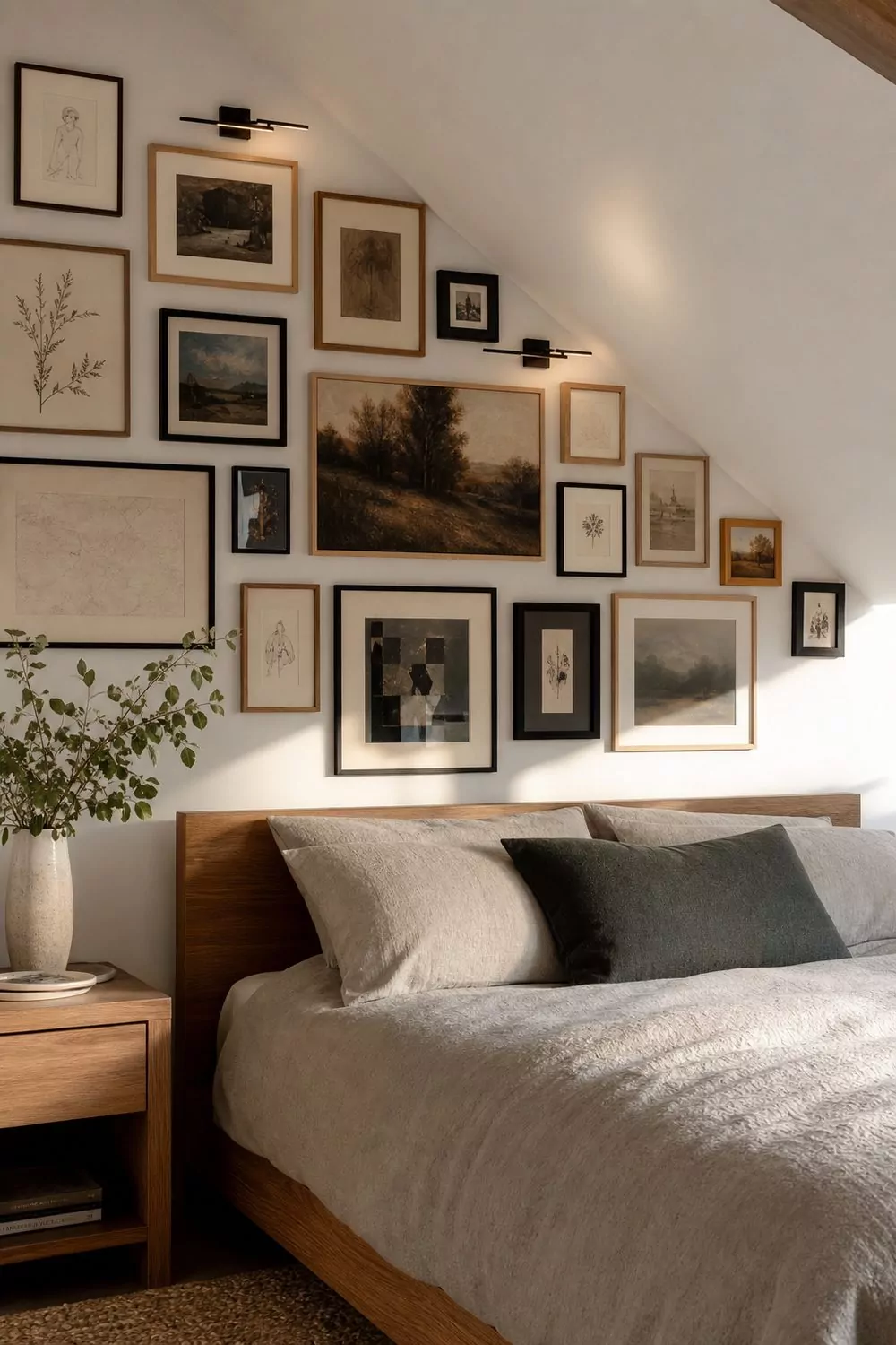 Attic bedroom with a curated gallery wall of mixed black and wood frames climbing the sloped ceiling above an oak bed with grey bedding