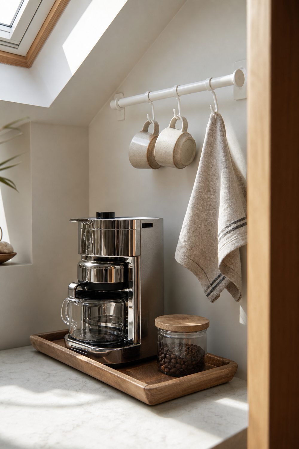 Small apartment countertop coffee corner with a wall-mounted mug rail, compact machine, wood tray, and glass canister