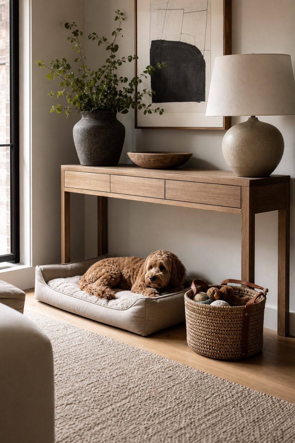 Small apartment dog corner with a slim bed under an oak console table and a woven toy basket