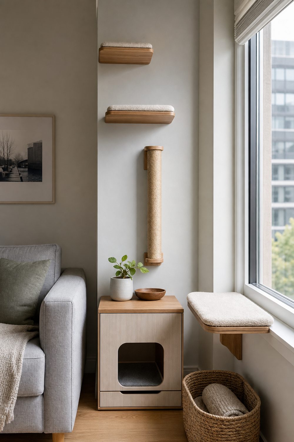 Small apartment wall with vertical cat space including wall shelves, slim scratching post and litter cabinet side table