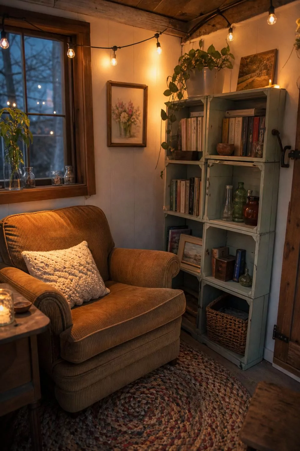 Small budget she shed interior with a thrifted corduroy armchair, upcycled crate shelving, warm string lights, and a braided rag rug
